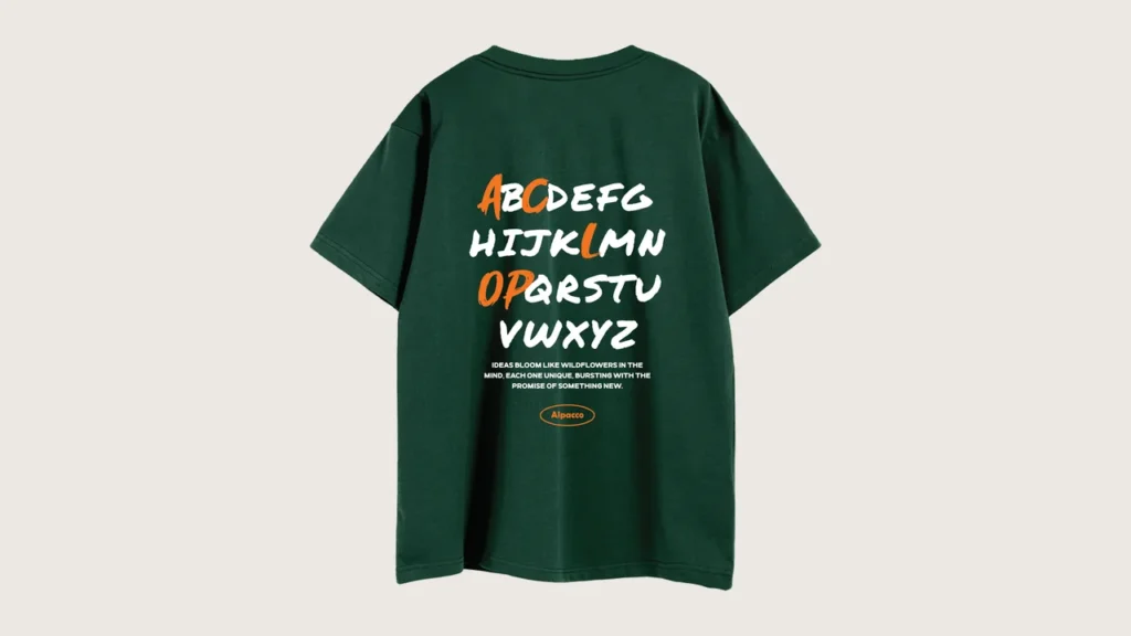 How to wash graphic tee: Alpacco 260gsm graphic tee in Army Green, back with alphabet A-Z print