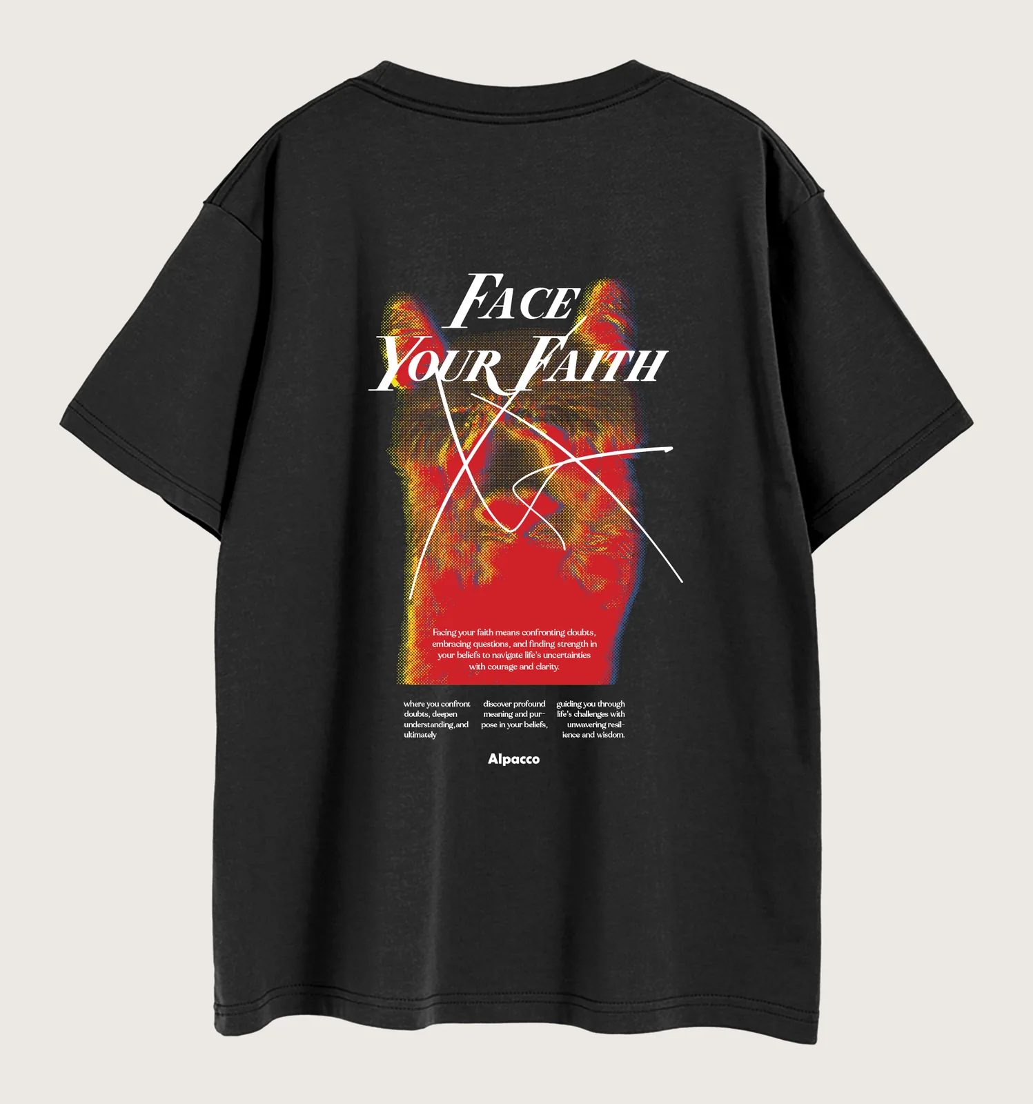 Alpacco shopee: Alpacco 260gsm graphic tee in Black, back with "Face Your Faith" red poster-style print
