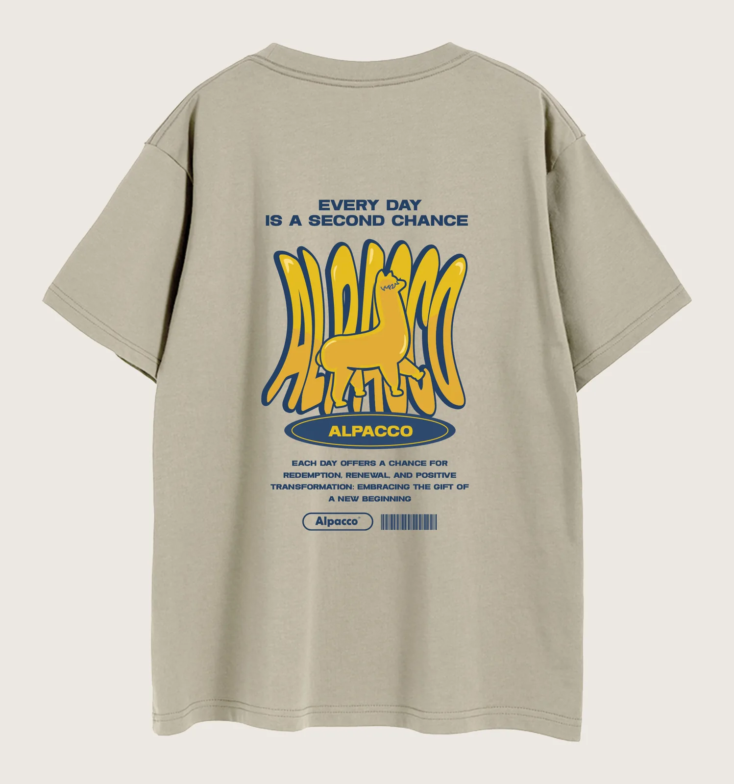 Streetwear collab malaysia: Alpacco 260gsm graphic tee in Camel, back with blue "Every Day Is a Second Chance" alpaca typographic print