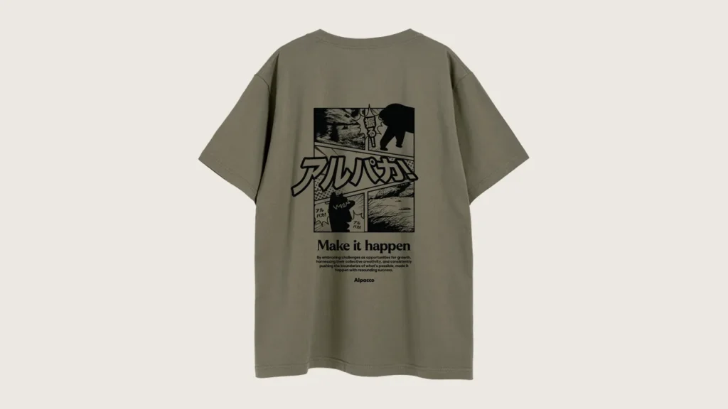 Brown t shirt outfit: Alpacco 260gsm graphic tee in Coffee Green, back with manga-panel "Make It Happen" graphic