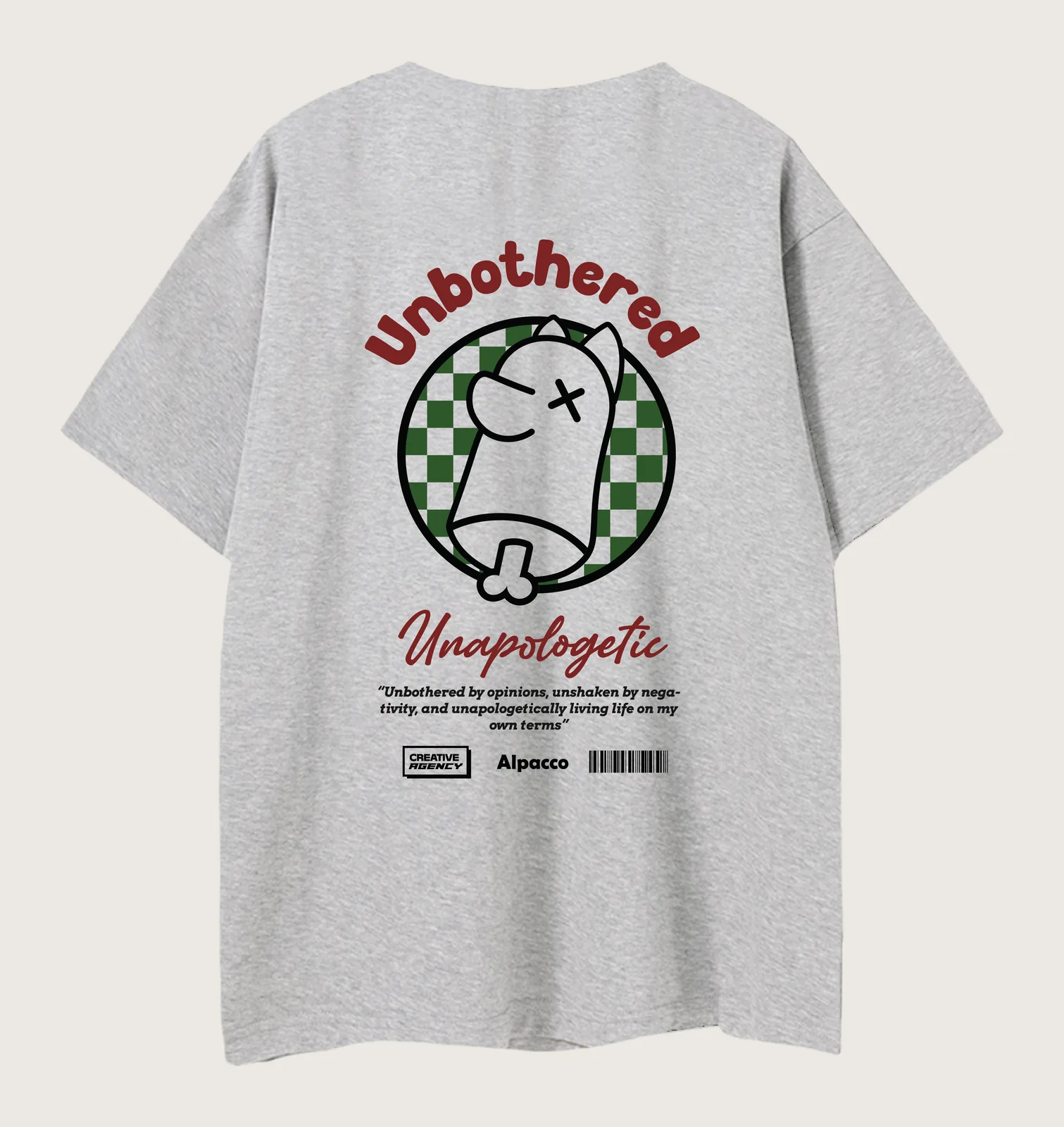 Alpacco mascot: Alpacco 260gsm graphic tee in Light Grey, back with "Unbothered, Unapologetic" alpaca graphic