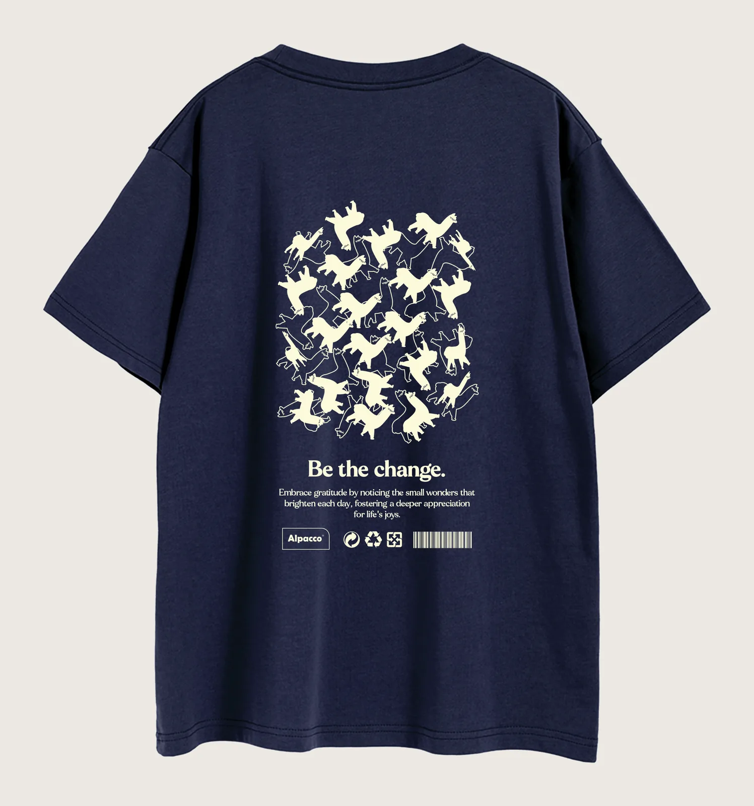 Uniqlo oversize t shirt malaysia: Alpacco 260gsm graphic tee in Navy, back with "Be the Change" alpaca-pattern print