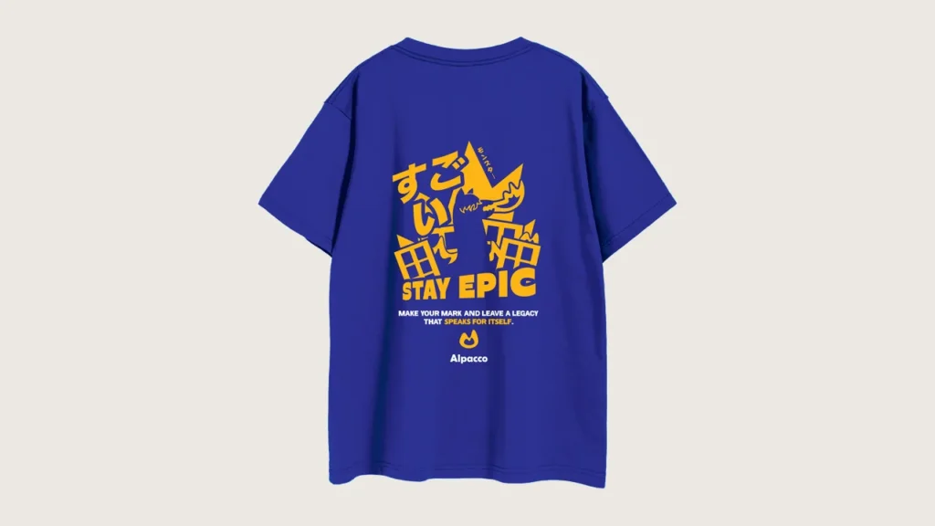 Graphic tee malaysia: Alpacco 260gsm graphic tee in Royal Blue, back with yellow "Stay Epic" graphic with Japanese lettering