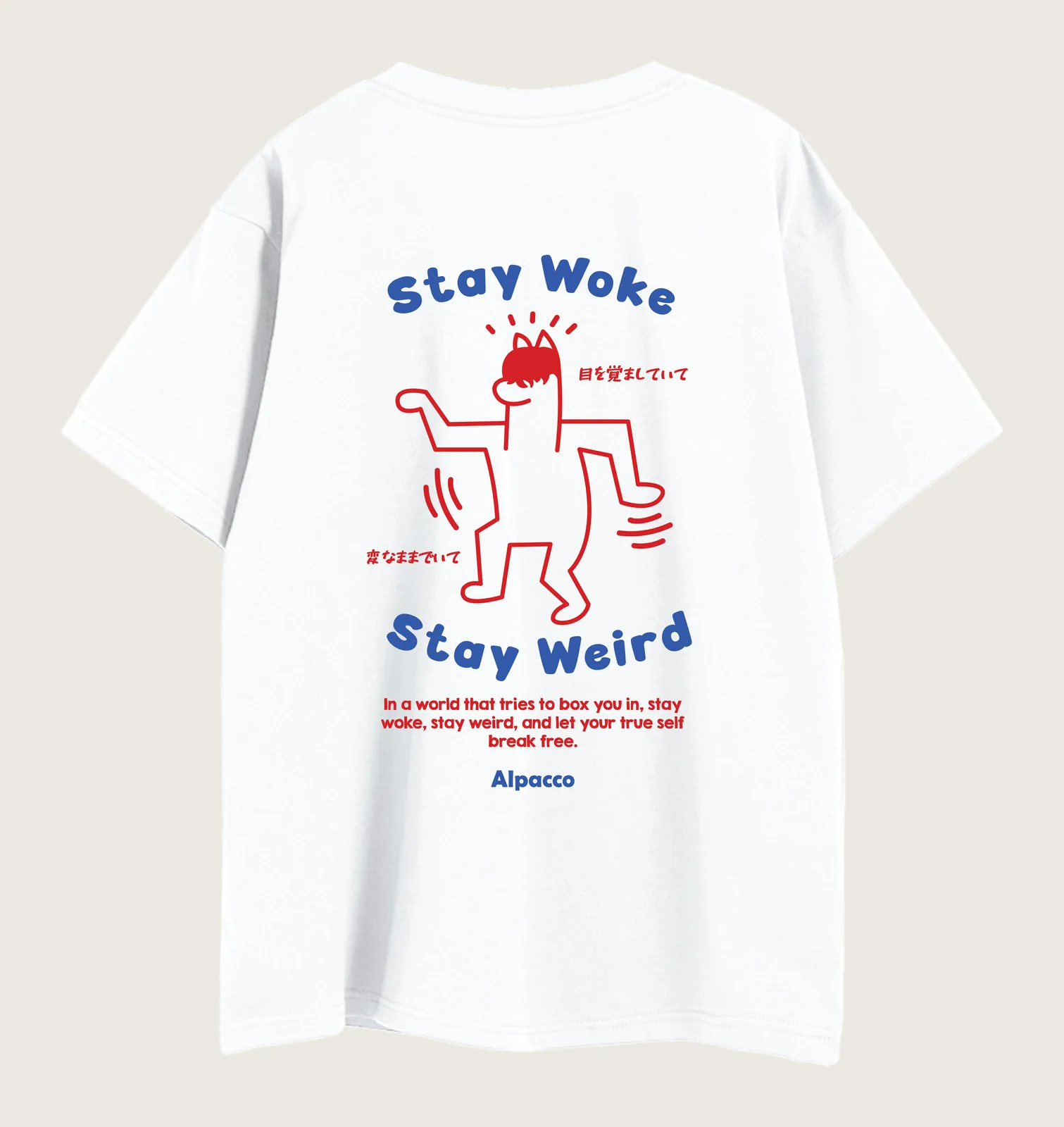Big size t shirt malaysia: Alpacco 260gsm graphic tee in White, back with "Stay Weird" red and blue alpaca print