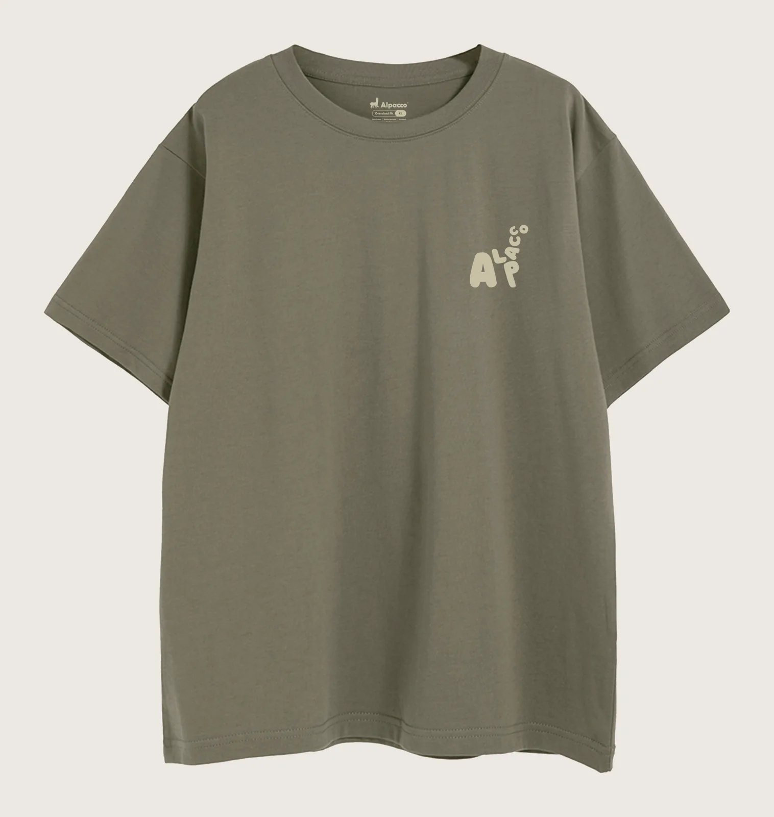 Unisex t shirt sizing: Alpacco 260gsm oversized graphic tee in Coffee Green, front with small alpaca logo