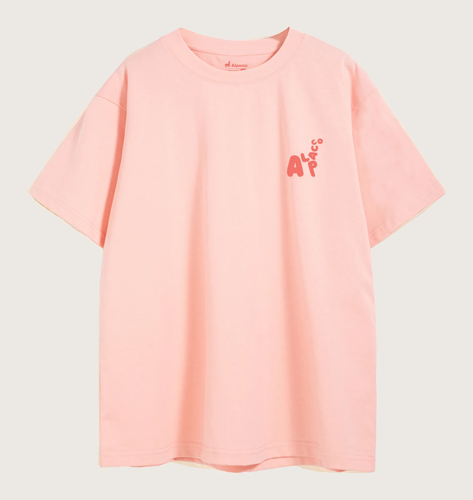 Oversize shirt size guide: Alpacco 260gsm oversized graphic tee in Light Pink, front with small alpaca logo