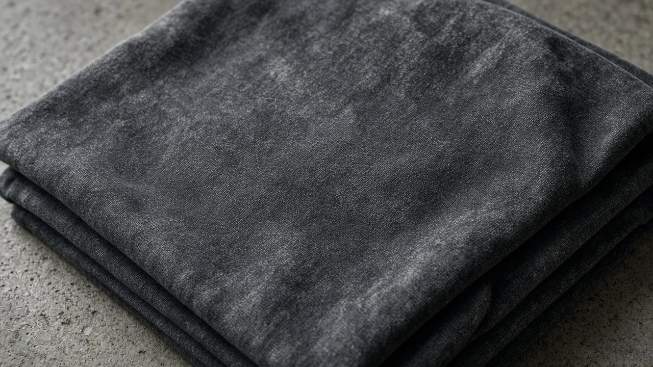 Close-up of faded charcoal washed cotton fabric folded on concrete