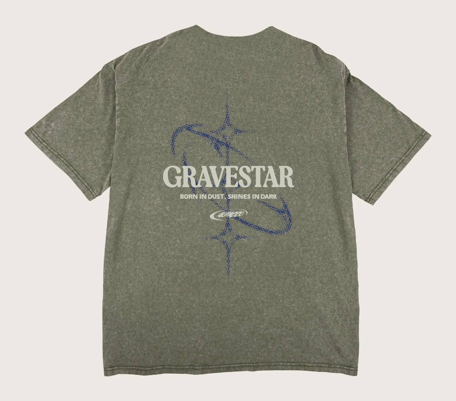 How to wash graphic tee: Alpacco Blackwash Tee "Gravestar" in olive green acid-wash, back with large Gravestar graphic print