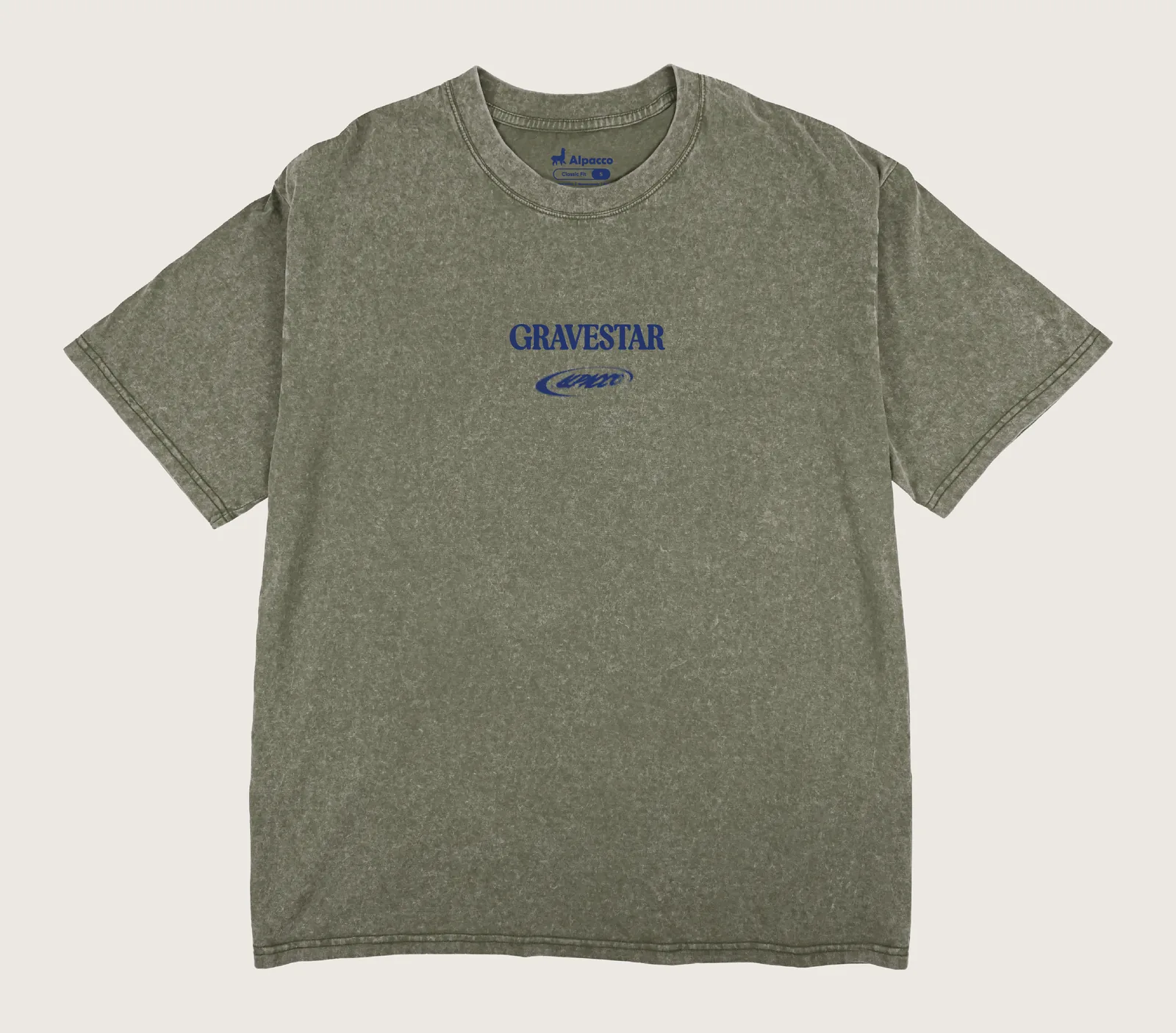 Drop shoulder t shirt: Alpacco Blackwash Tee "Gravestar" in olive green acid-wash, front with small chest print