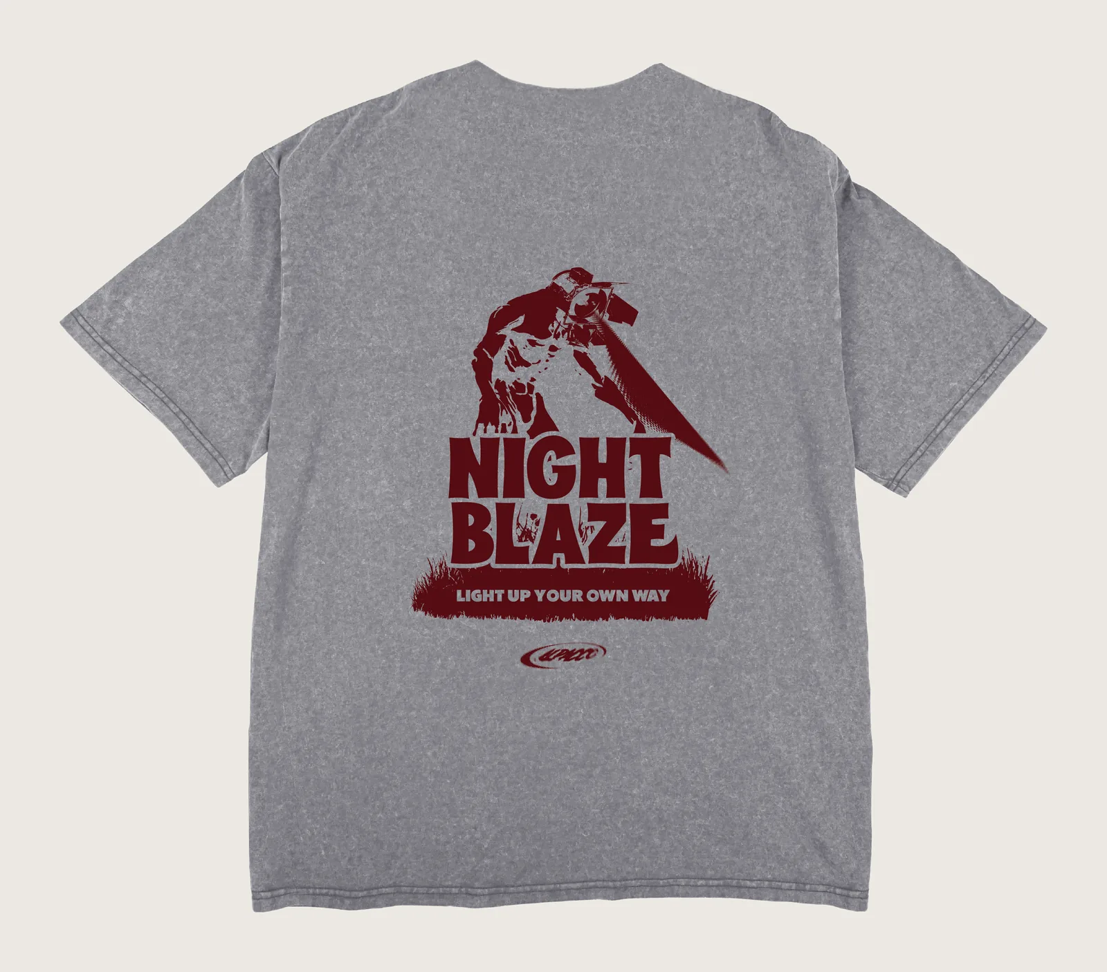Streetwear outfit ideas: Alpacco Blackwash Tee "Night Blaze" in grey acid-wash, back with large Night Blaze graphic print