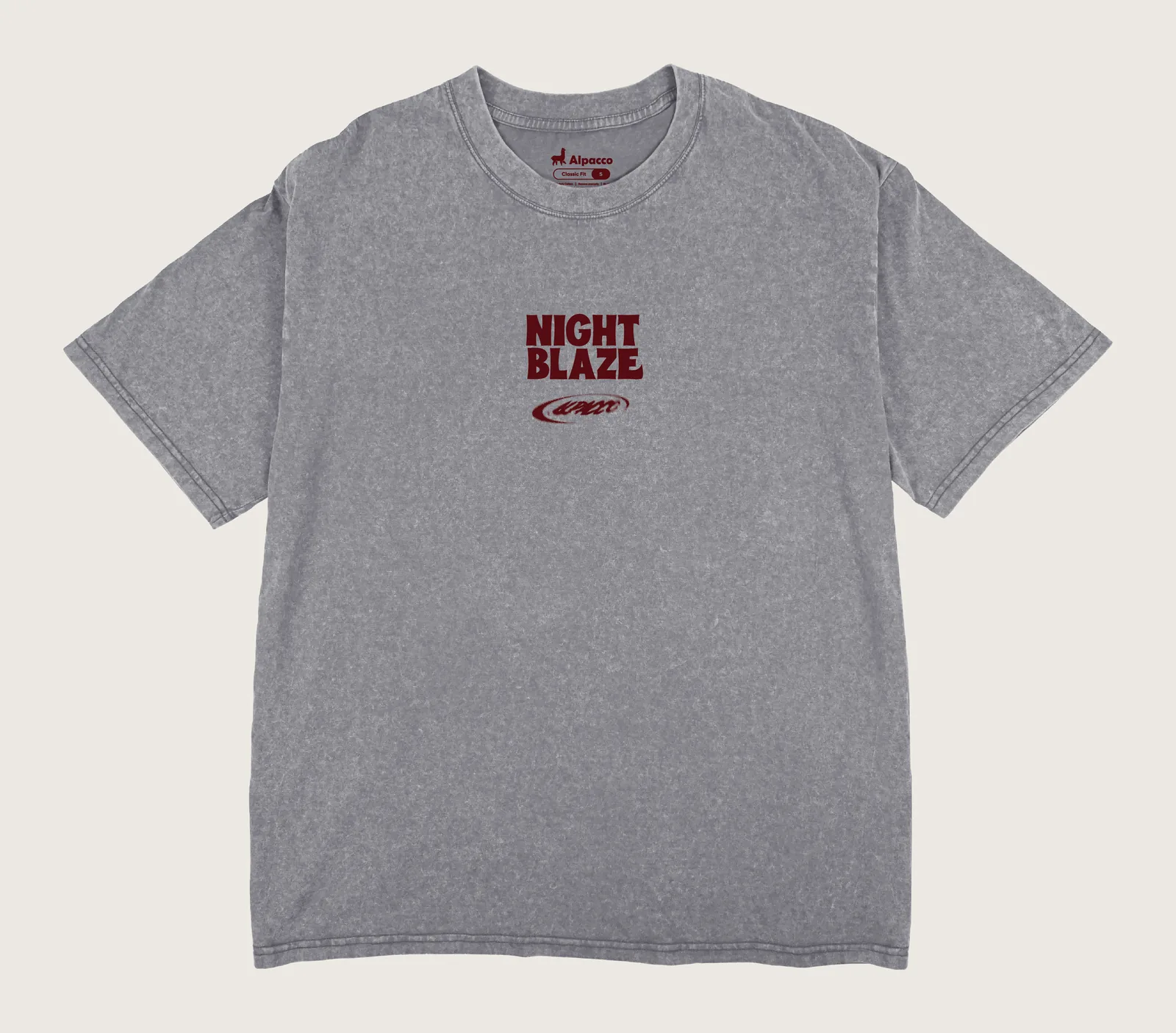 Local brand malaysia merdeka: Alpacco Blackwash Tee "Night Blaze" in grey acid-wash, front with small chest print