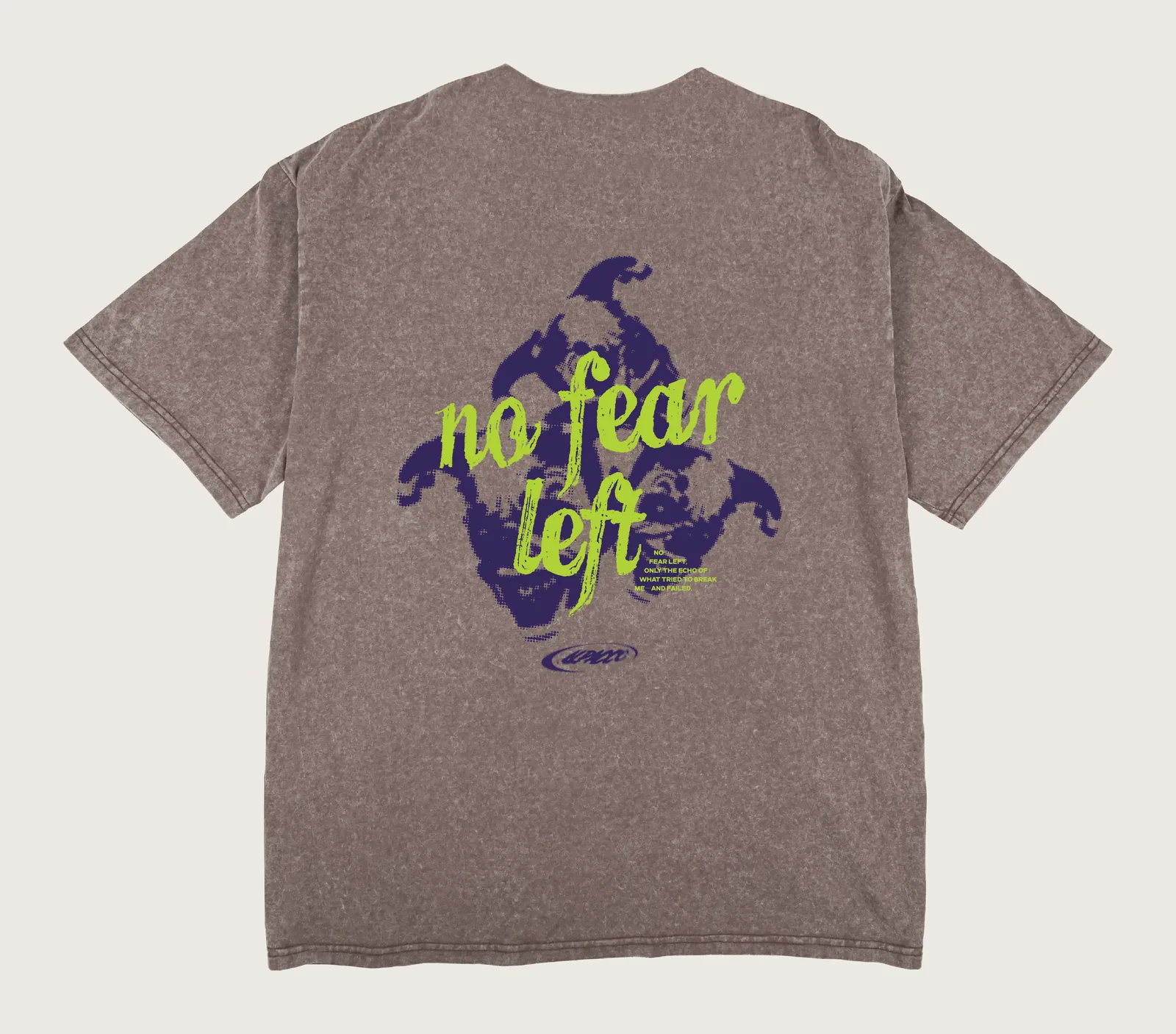 Malaysian streetwear culture: Alpacco Blackwash Tee "No Fear Left" in brown acid-wash, back with large No Fear Left graphic print