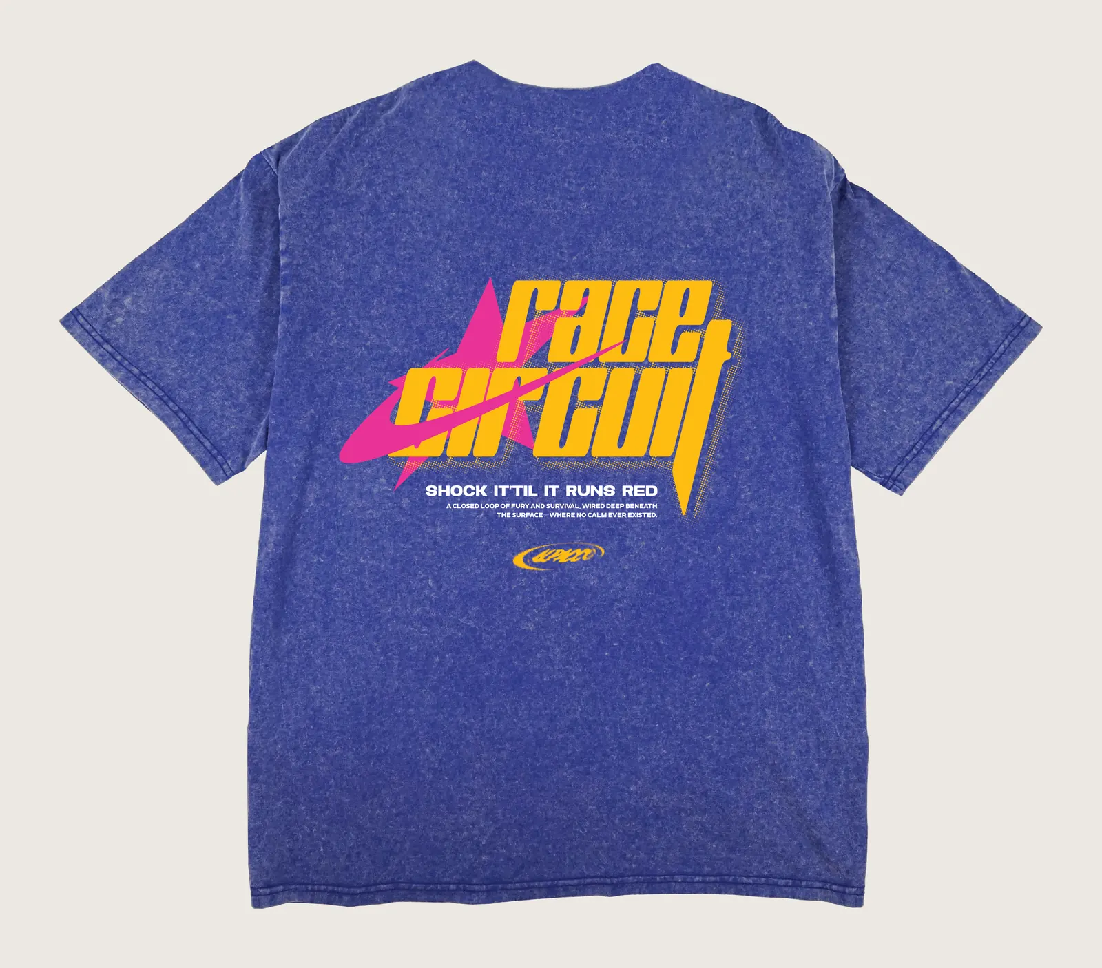 Local streetwear brand malaysia: Alpacco Blackwash Tee "Race Circuit" in royal blue acid-wash, back with large Race Circuit graphic print