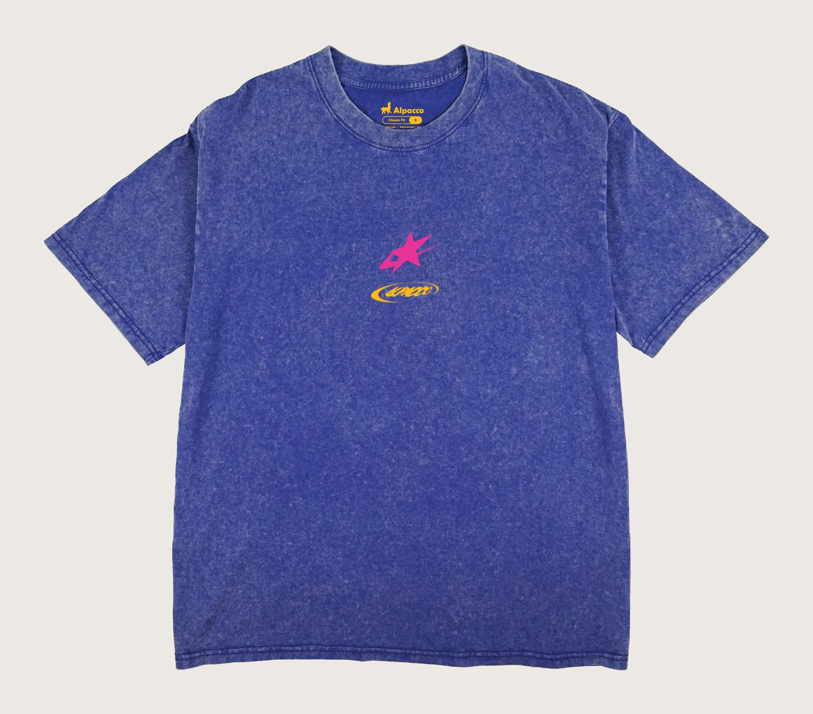 Royal blue t shirt outfit: Alpacco Blackwash Tee "Race Circuit" in royal blue acid-wash, front with small chest print