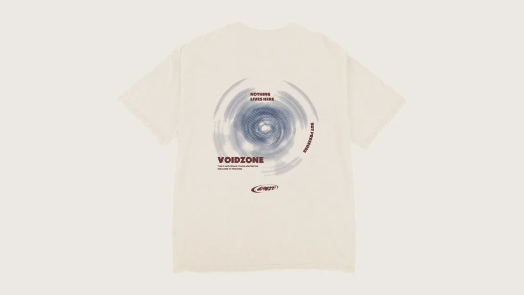 Washed t shirt malaysia: Alpacco Blackwash Tee "Voidzone" in cream wash, back with large Voidzone graphic print