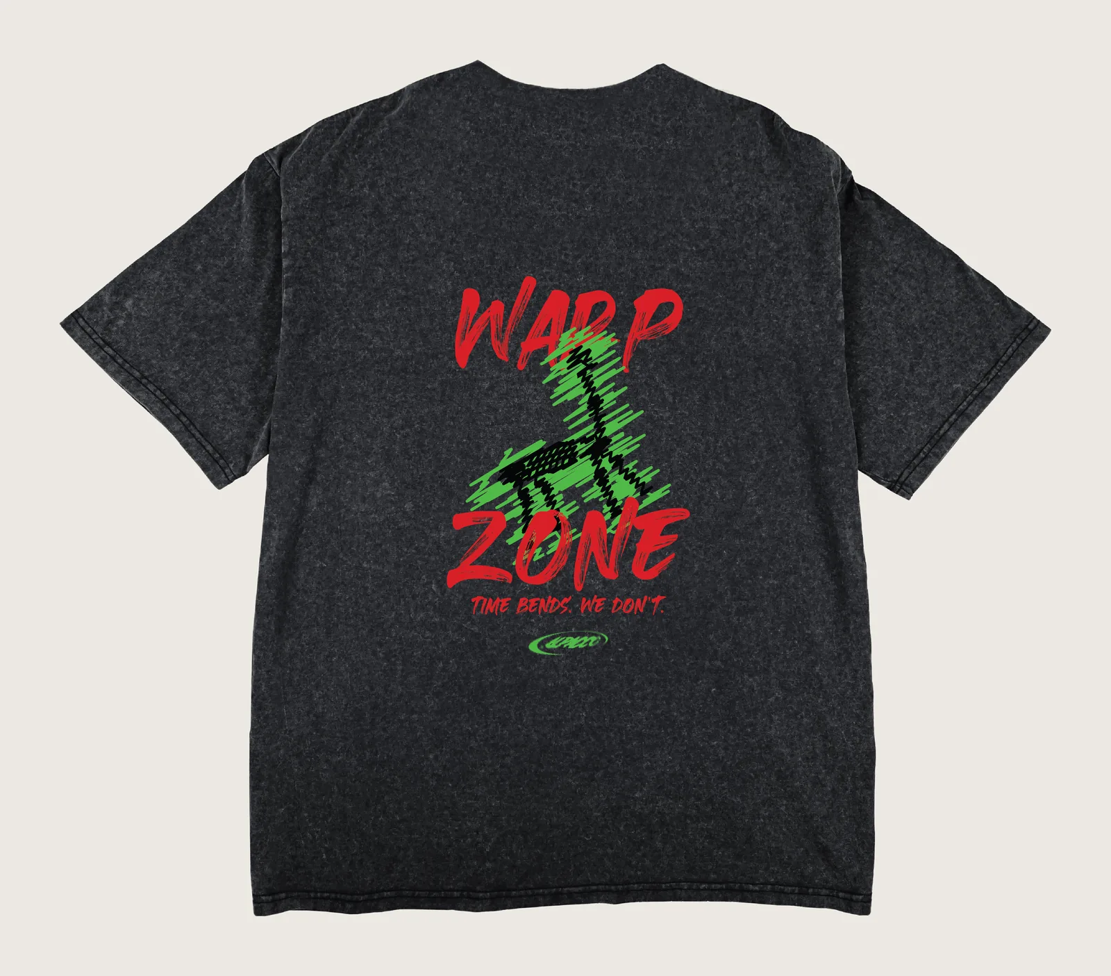 Washed t shirt malaysia: Alpacco Blackwash Tee "Warp Zone" in black acid-wash, back with large Warp Zone graphic print