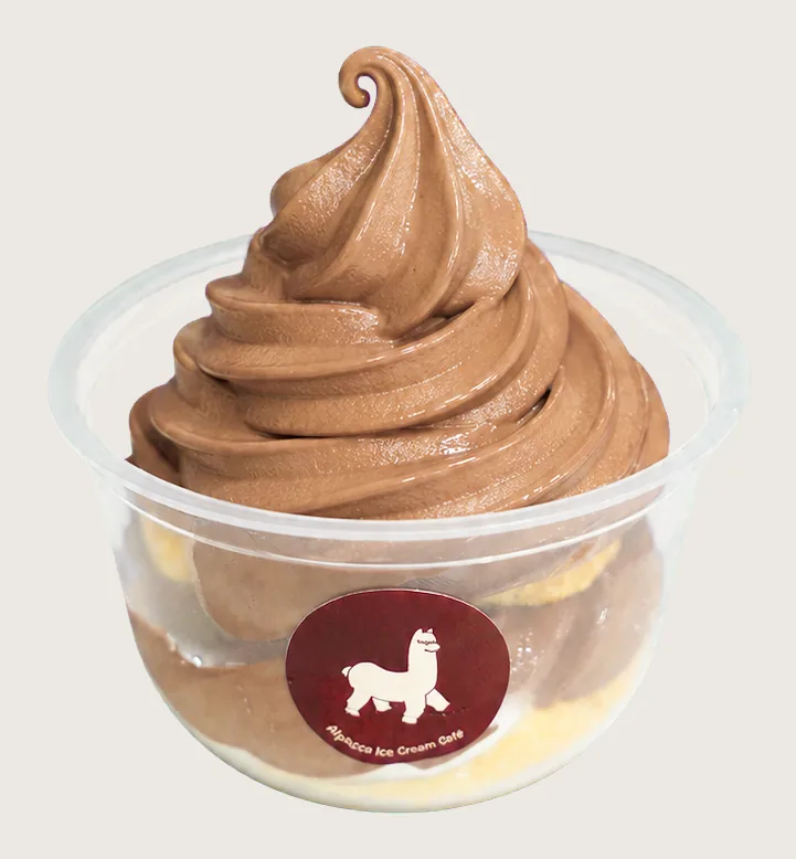 Tiramisu ice cream klang: Alpacco chocolate soft serve dessert cup with a layered base