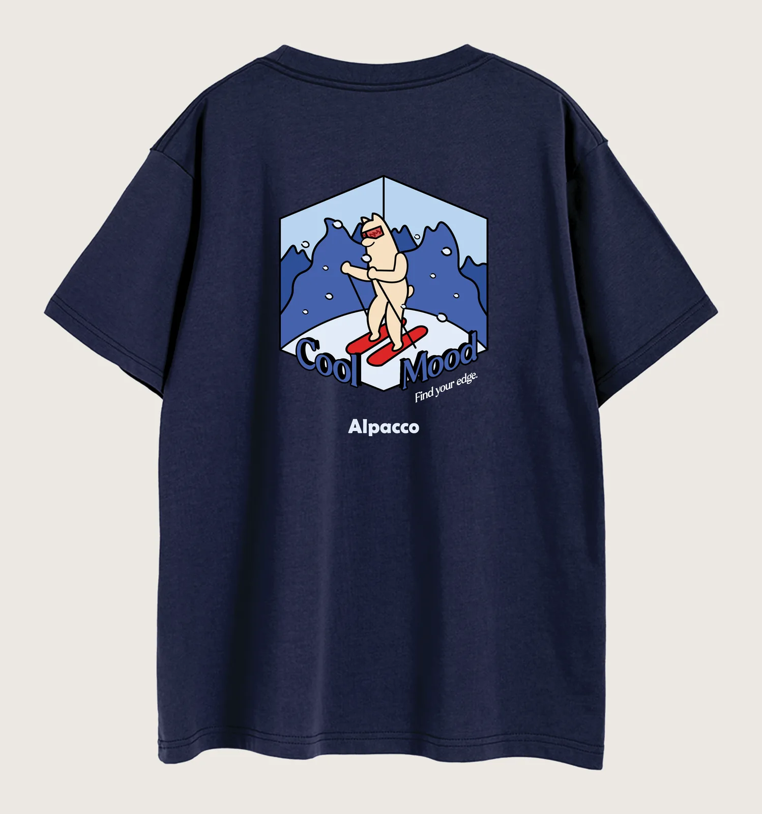 Graphic tee malaysia: Alpacco "Cool Mood" tee in navy, back with alpaca mascot illustration in an isometric room