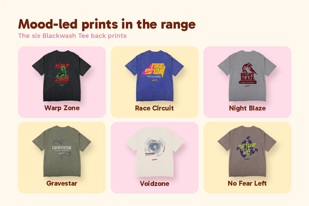 Six Alpacco Blackwash Tee back prints by the Alpacco designer: Warp Zone, Race Circuit, Night Blaze, Gravestar, Voidzone and No Fear Left