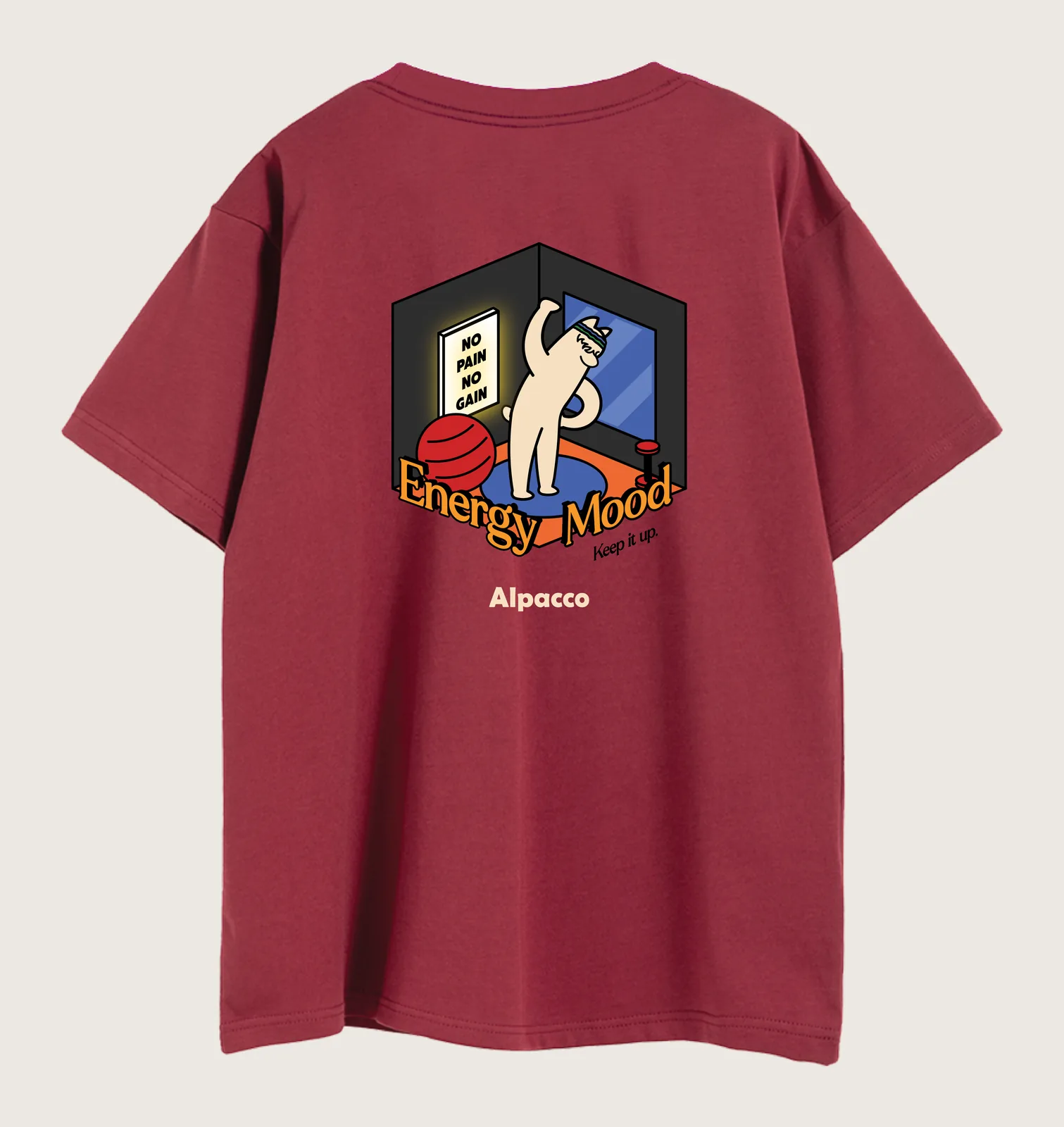 Alpacco designer: Alpacco "Energy Mood" tee in maroon, back with alpaca mascot illustration in an isometric room