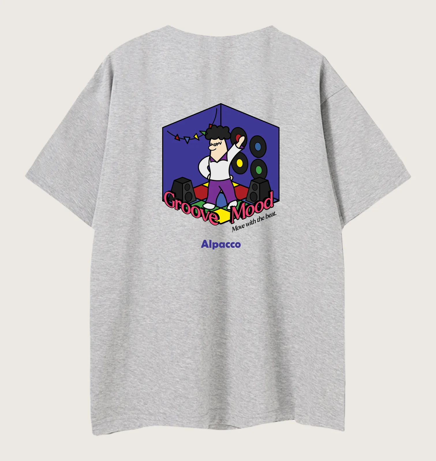 Alpacco tee: Alpacco "Groove Mood" tee in heather light grey, back with alpaca mascot illustration in an isometric room