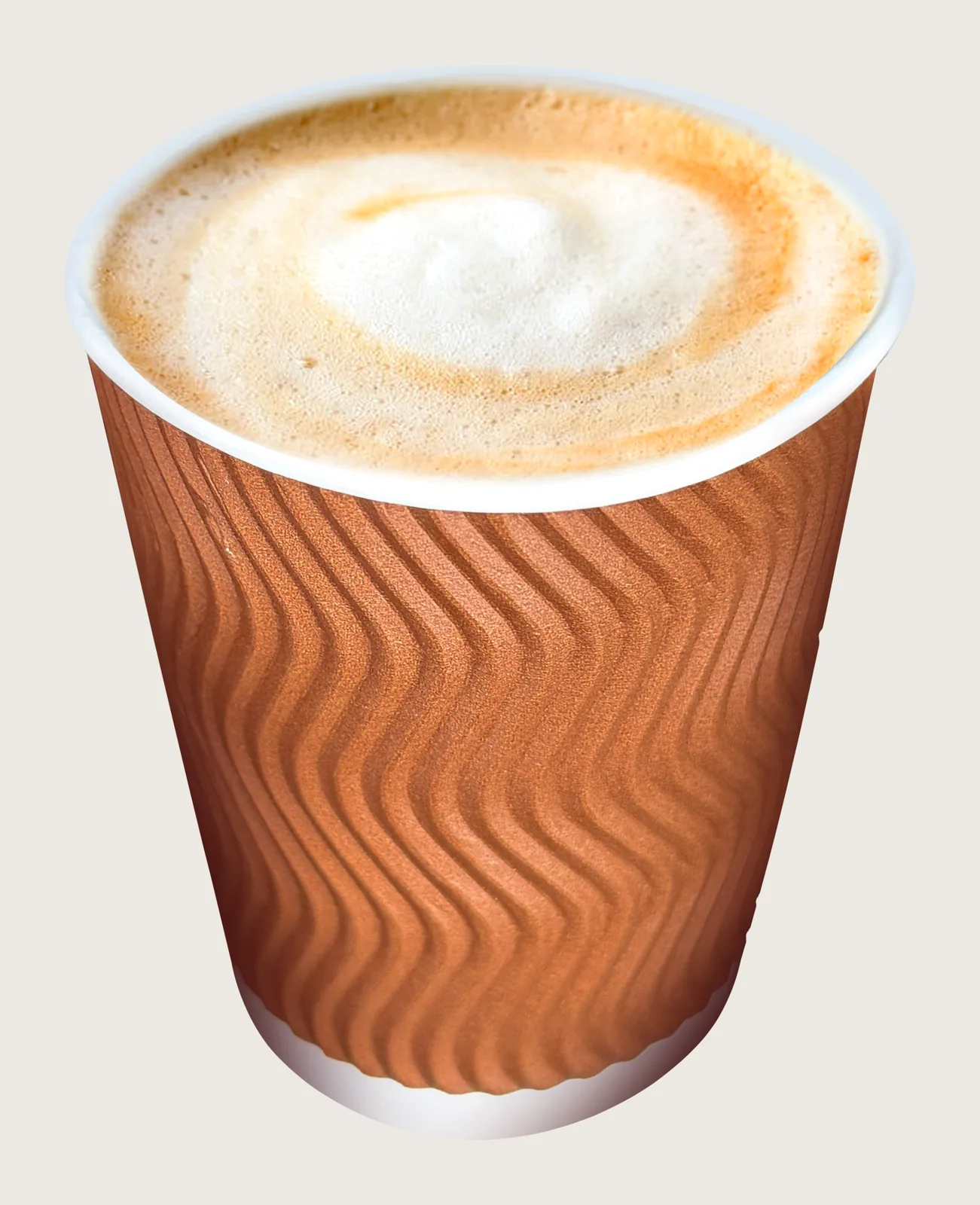 Latte vs cappuccino vs mocha: hot cappuccino with latte art in a brown ripple paper cup