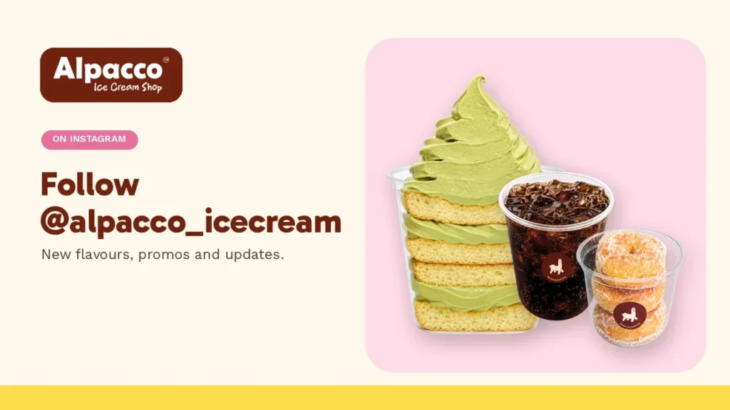 A large Alpacco pistachio soft serve dessert and an iced coffee with mini donuts, the kind of treats on the Alpacco ice cream Instagram