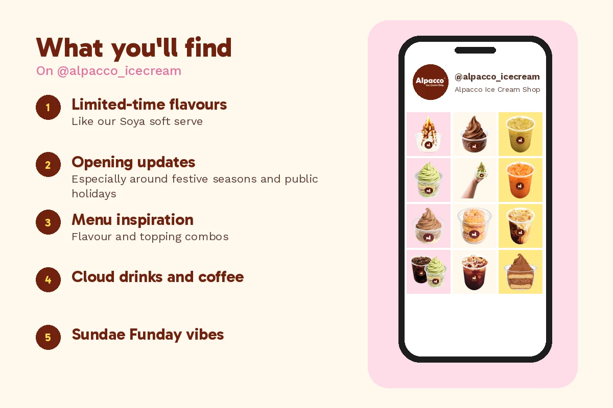 Alpacco ice cream Instagram: what you'll find on @alpacco_icecream, shown on a phone mockup with real Alpacco soft serve and drink photos
