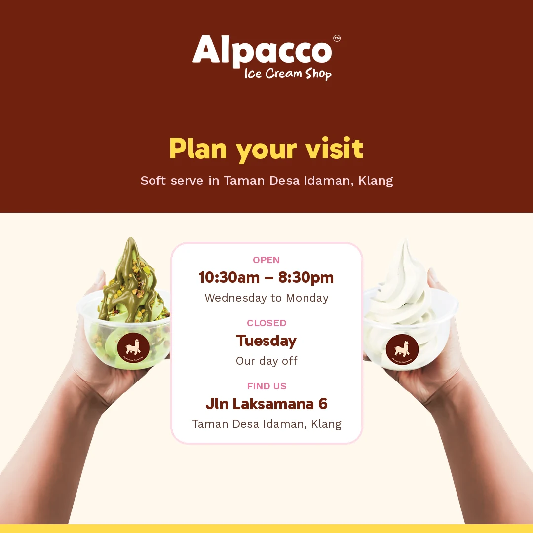 Alpacco Ice Cream Shop Klang opening hours, 10:30am to 8:30pm, closed Tuesday, at Jln Laksamana 6, Taman Desa Idaman