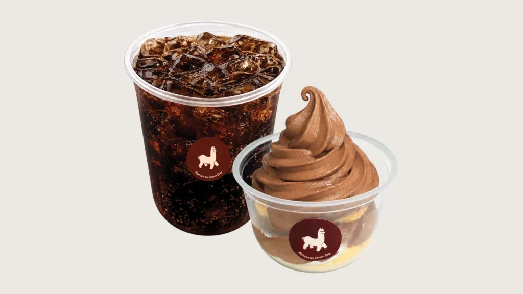 Coffee and ice cream pairing: Alpacco combo set: iced black coffee, a cup of mini sugar donuts and a cup of chocolate soft serve