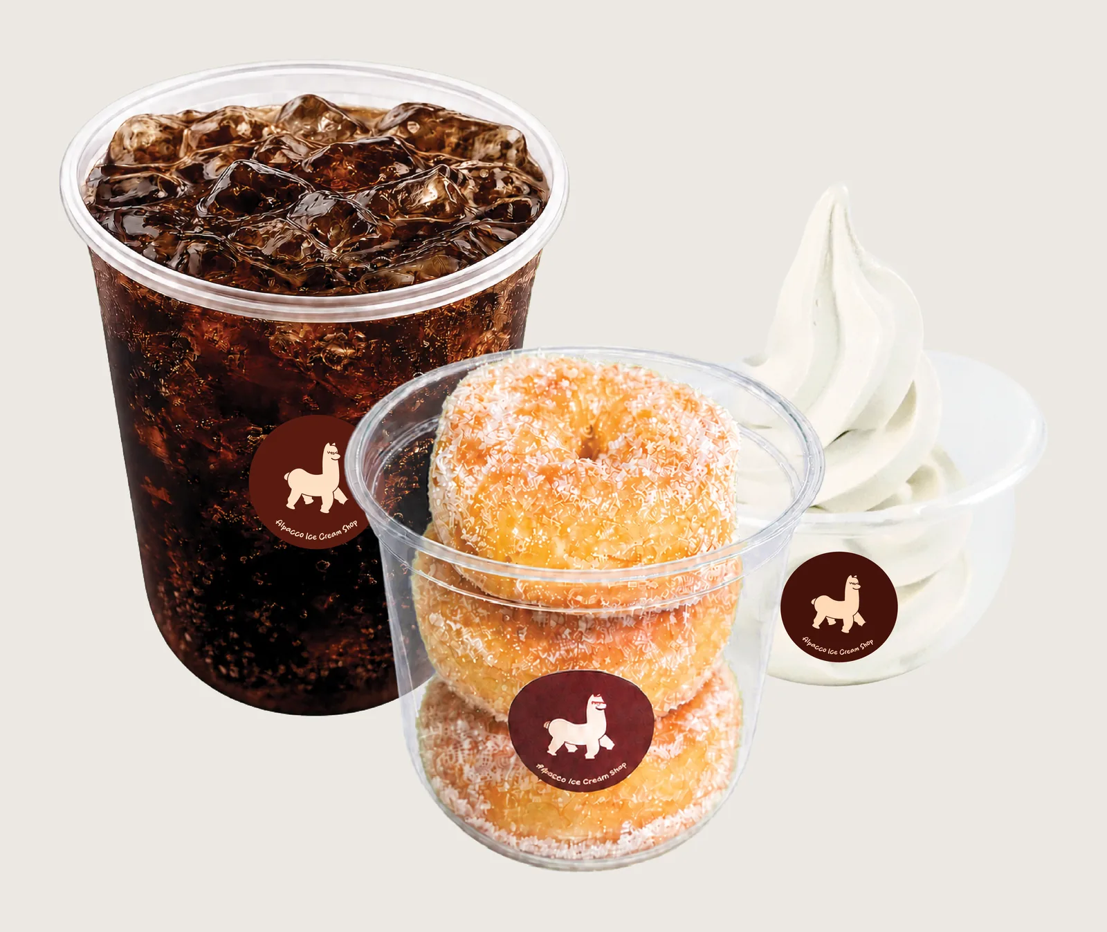 Float drink malaysia: Alpacco combo set: iced black coffee, a cup of mini sugar donuts and a cup of milk soft serve