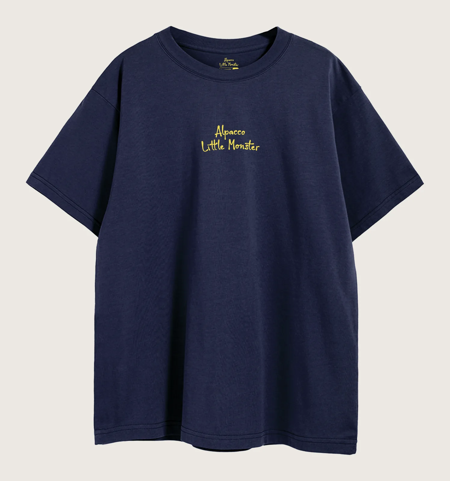 250gsm t shirt meaning: Alpacco OT Little Monster Series 260gsm tee in navy, front with "Alpacco Little Monster" chest script