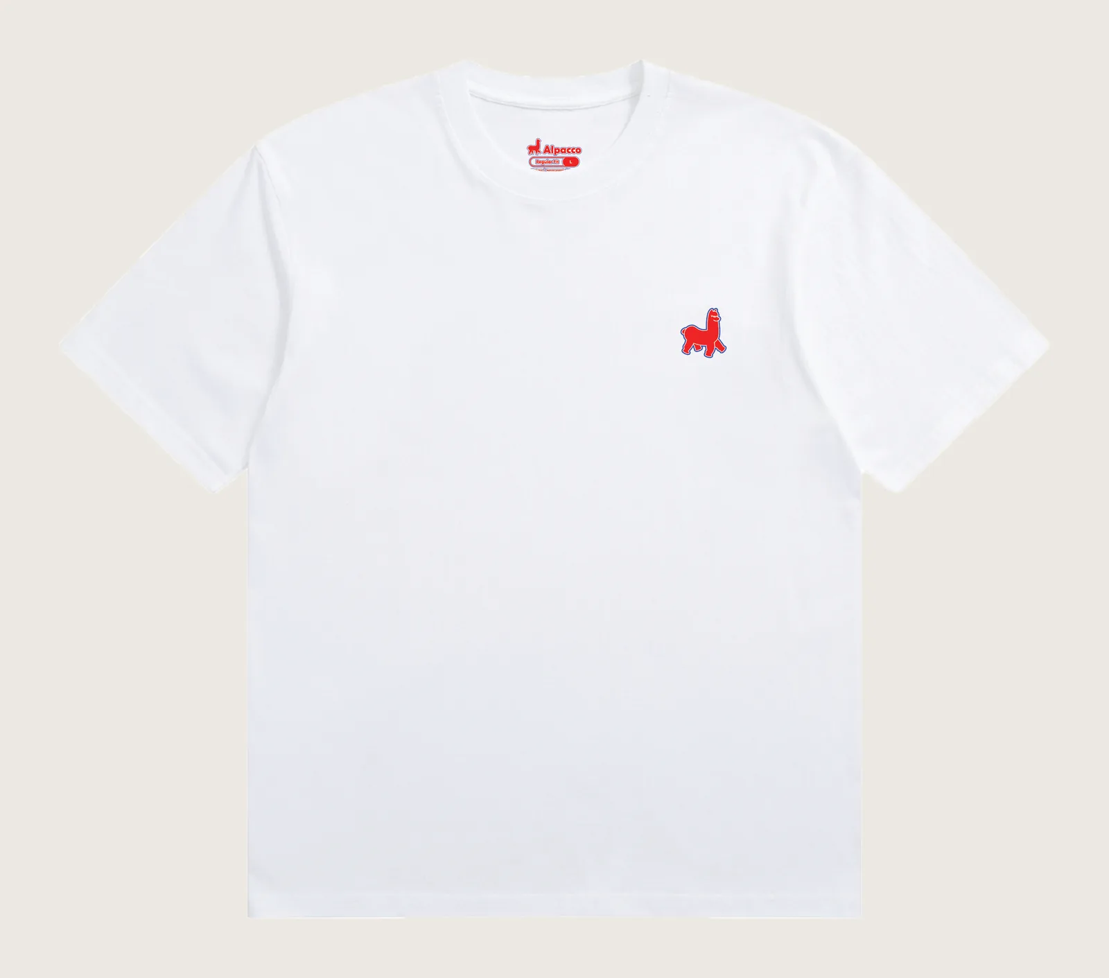 Best t shirt colours: Alpacco Logo Tee in Cloud White, front with small red alpaca logo on the chest