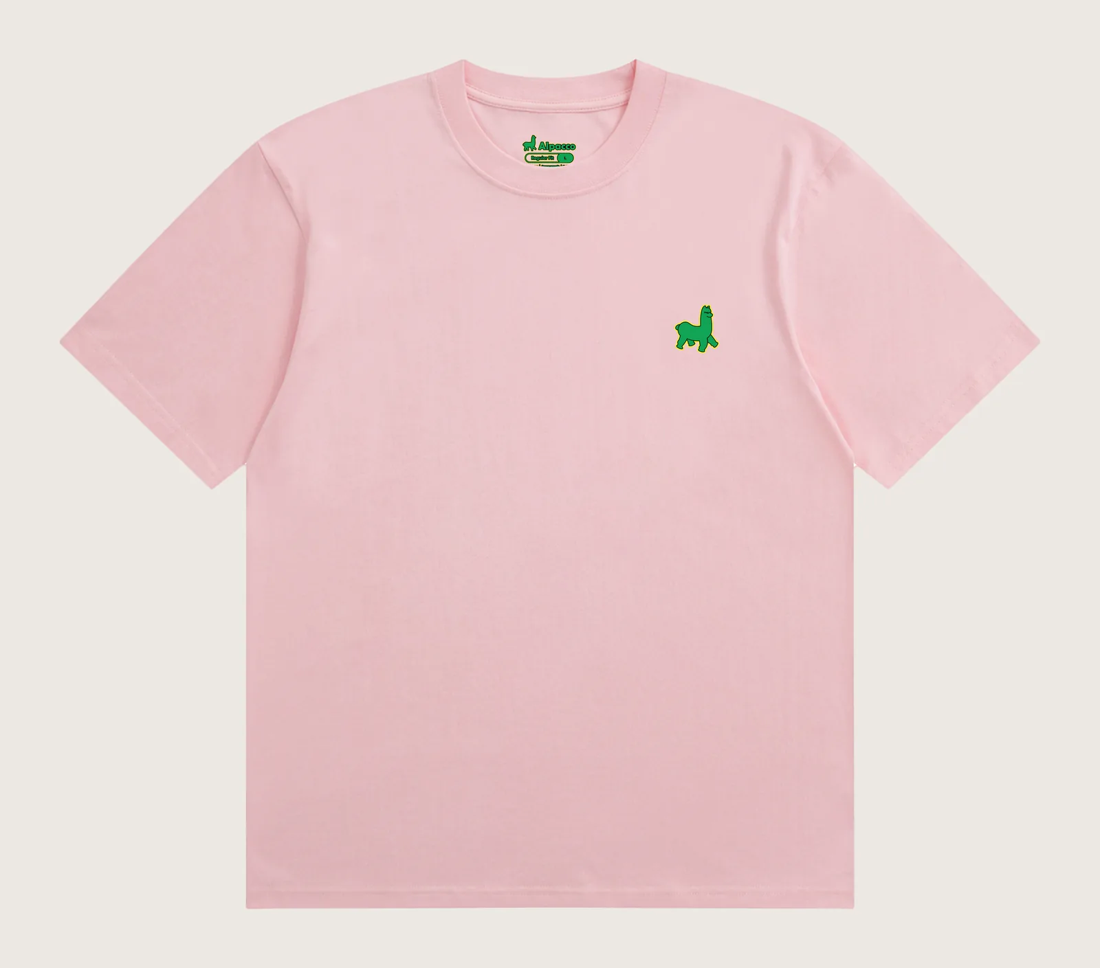 Pink t shirt outfit men: Alpacco Logo Tee in Fairy Pink, front with small green alpaca logo on the chest
