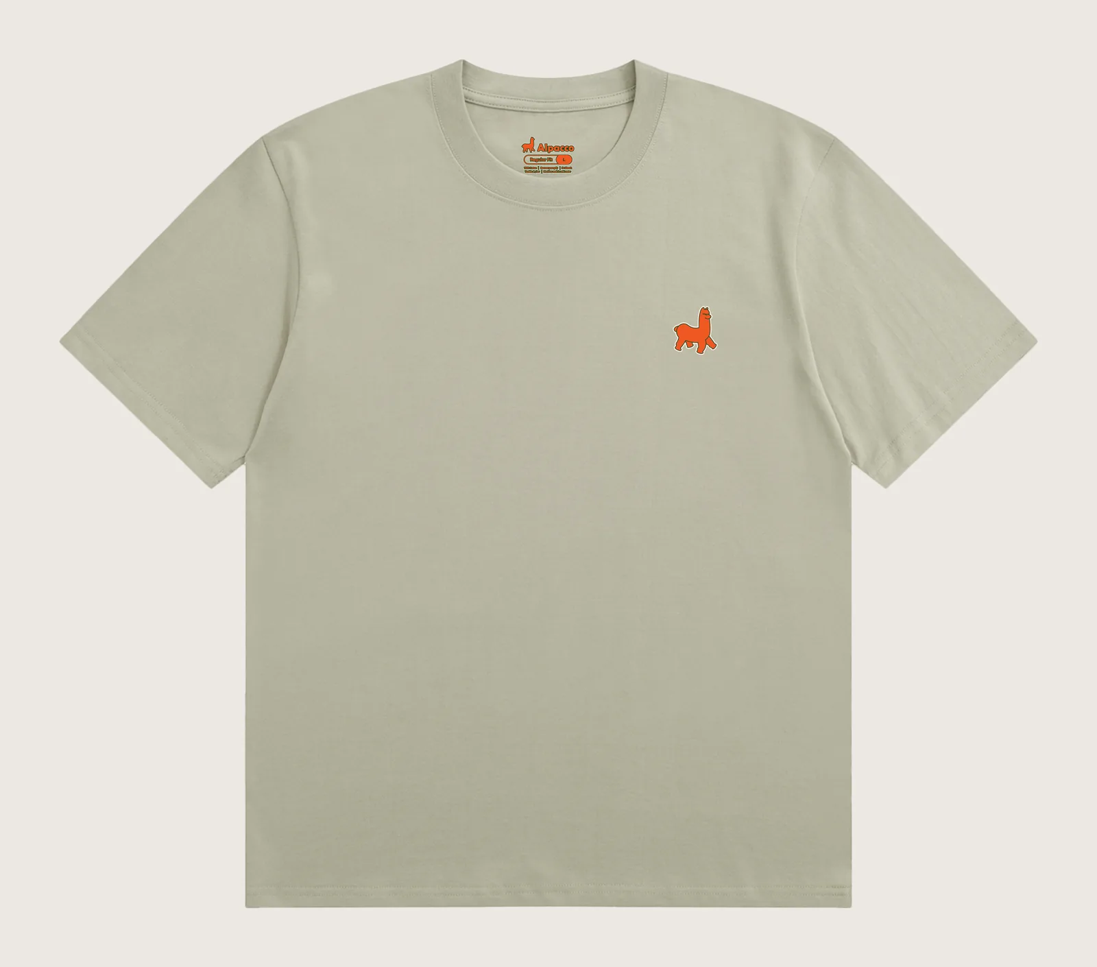 What to wear to hari raya open house: Alpacco Logo Tee in Houjicha Green, front with small orange alpaca logo on the chest