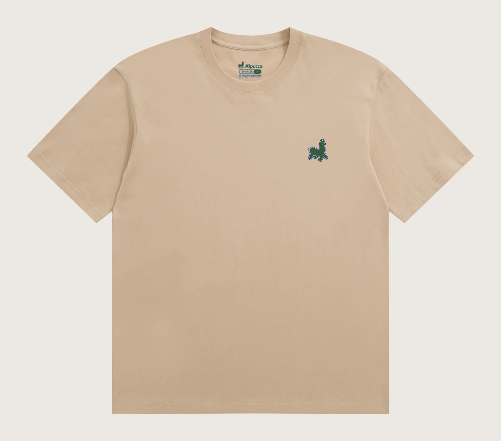 Maybank treatspoints redeem: Alpacco Logo Tee in Latte, front with small dark green alpaca logo on the chest