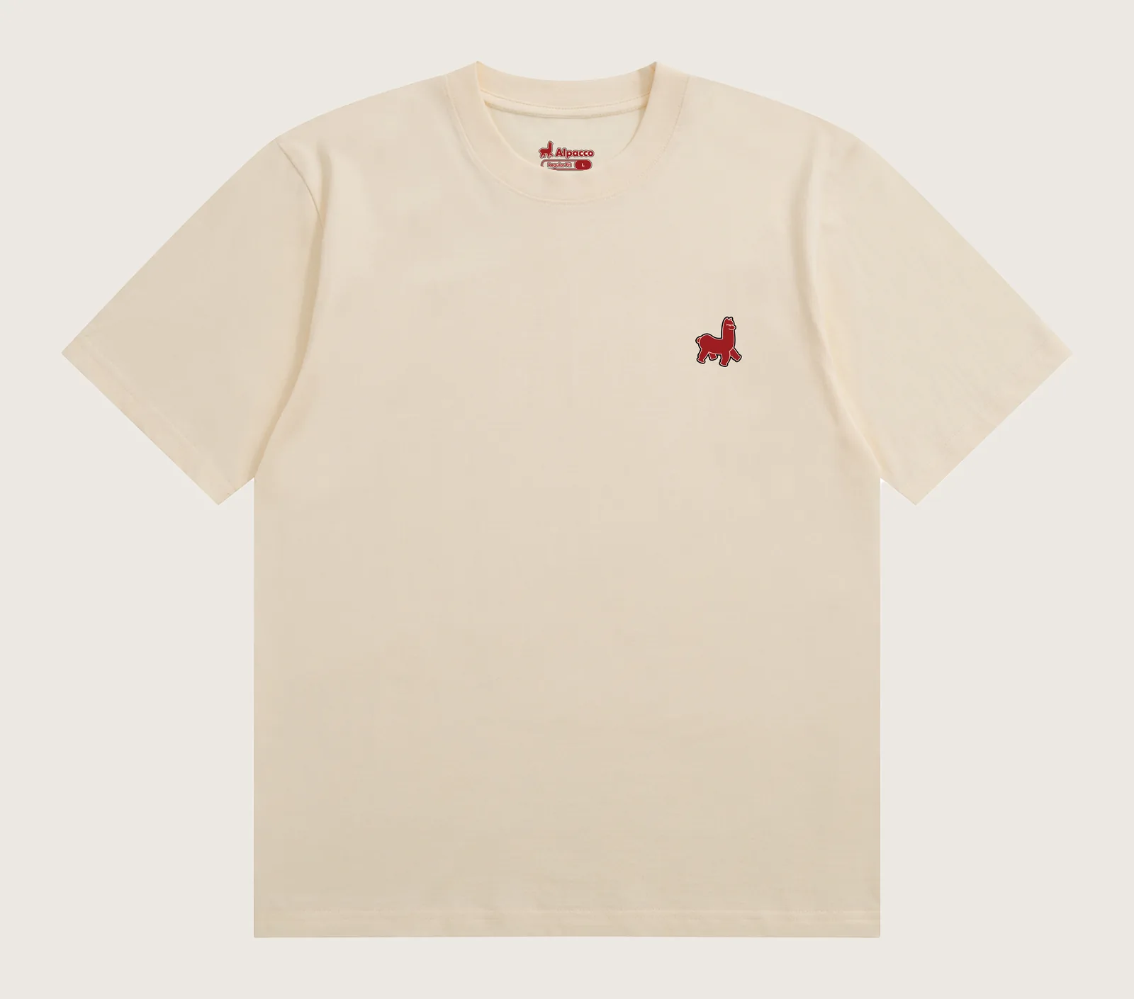 Baju t shirt berkualiti: Alpacco Logo Tee in Vanilla, front with small red alpaca logo on the chest