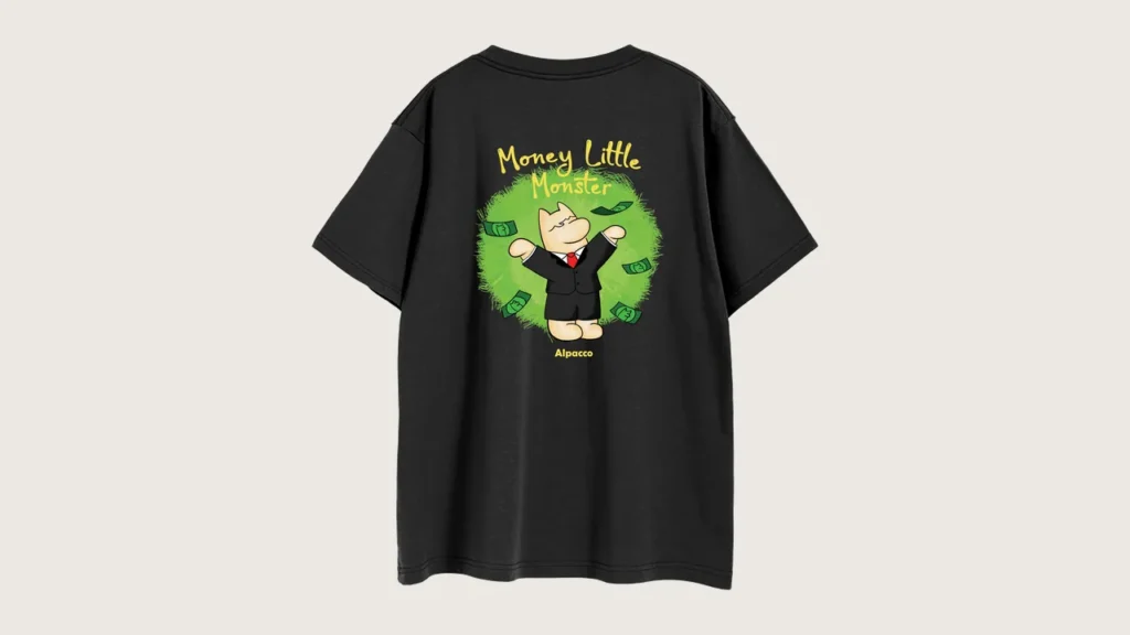 Alpacco little monster series: Alpacco "Money Little Monster" 260gsm tee in black, back with alpaca monster illustration