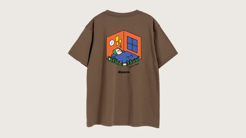 Alpacco mascot: Alpacco "Offline Mood" tee in coffee brown, back with alpaca mascot illustration in an isometric room