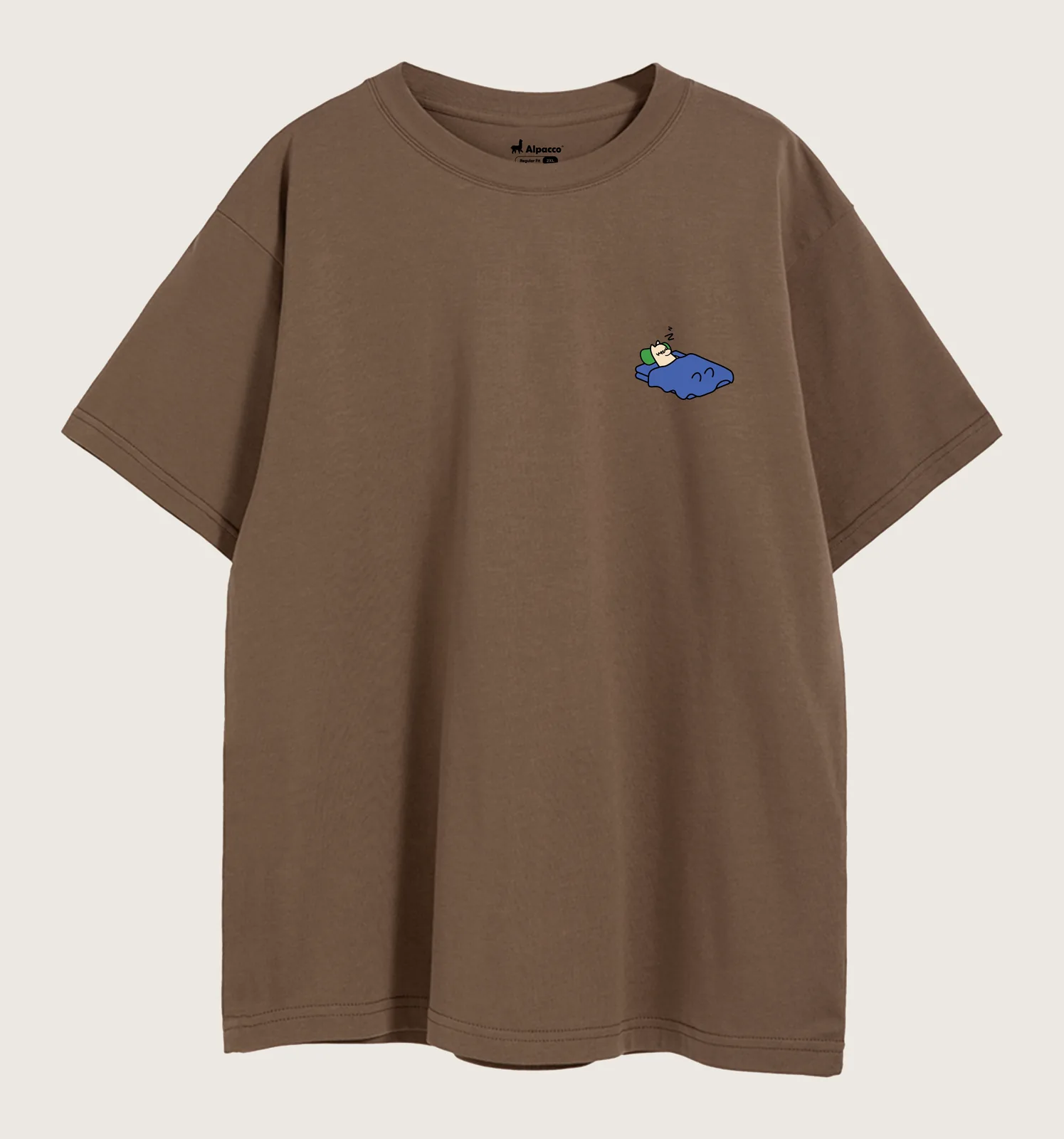 Brown t shirt outfit: Alpacco "Offline Mood" tee in coffee brown, front with small alpaca chest print