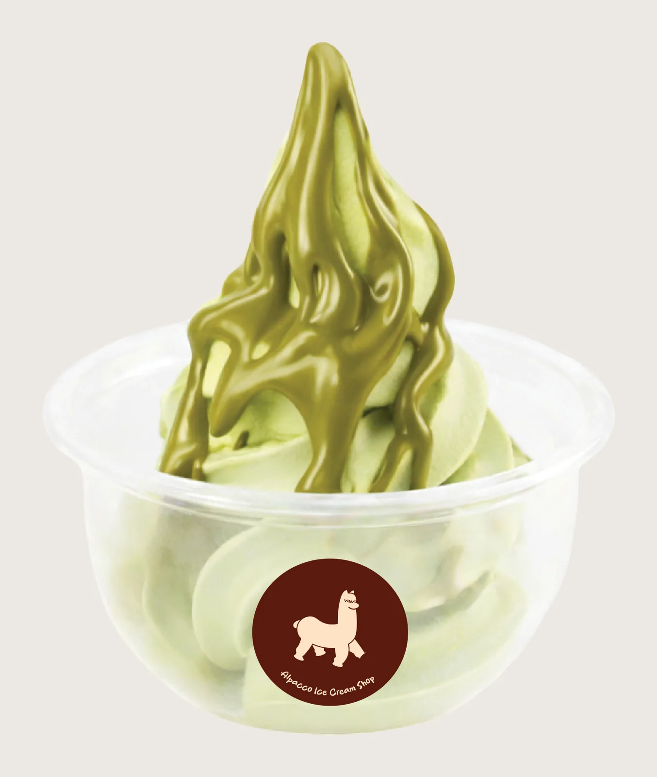 Chewy ice cream toppings: Alpacco pistachio soft serve swirl in a branded cup