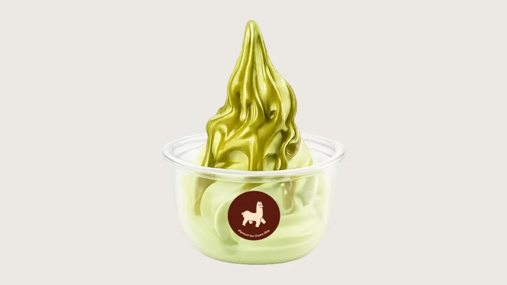 Dessert hot weather malaysia: Alpacco two-tone pistachio soft serve in a small branded cup