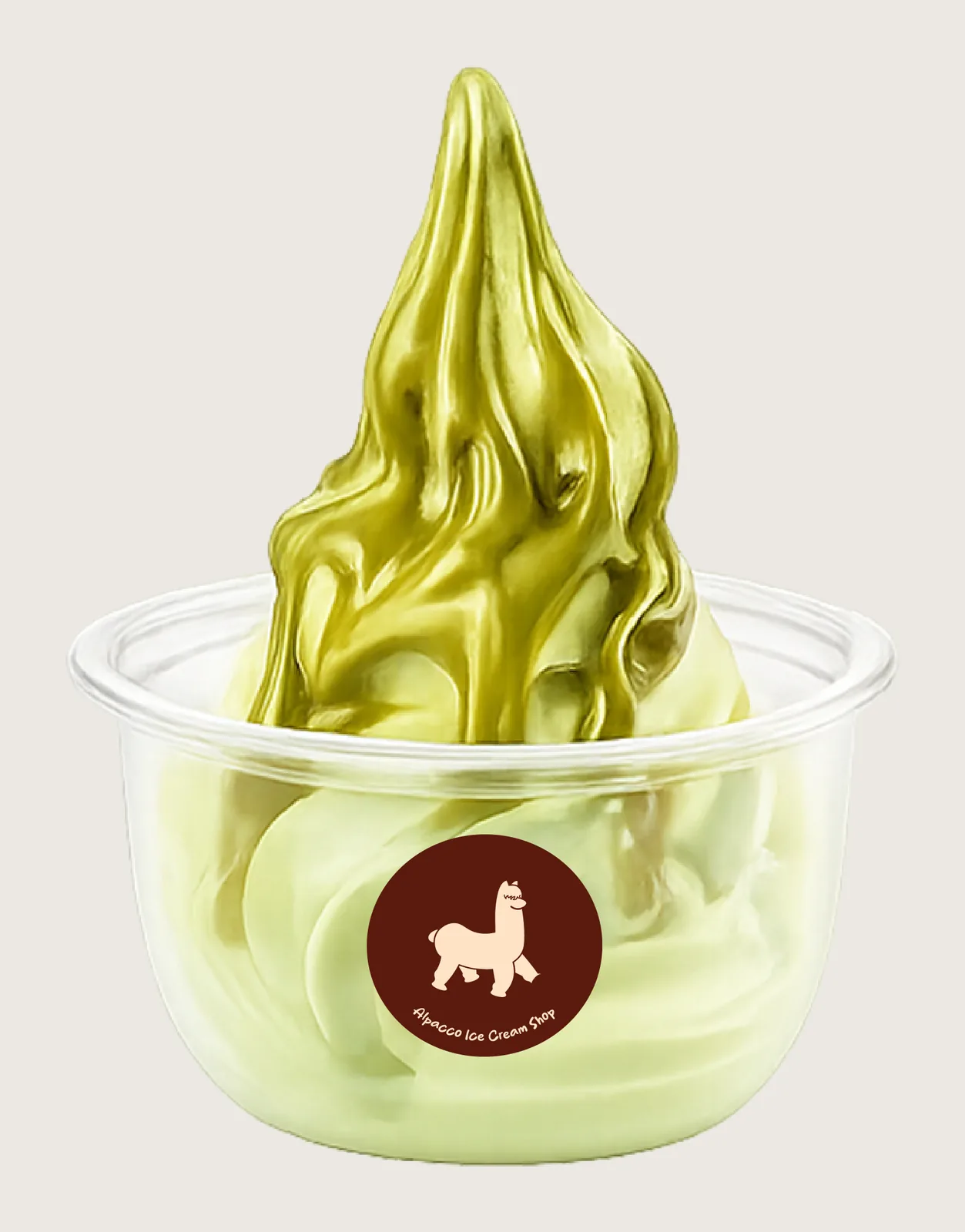 Soft serve vs ice cream: Alpacco two-tone pistachio soft serve in a small branded cup