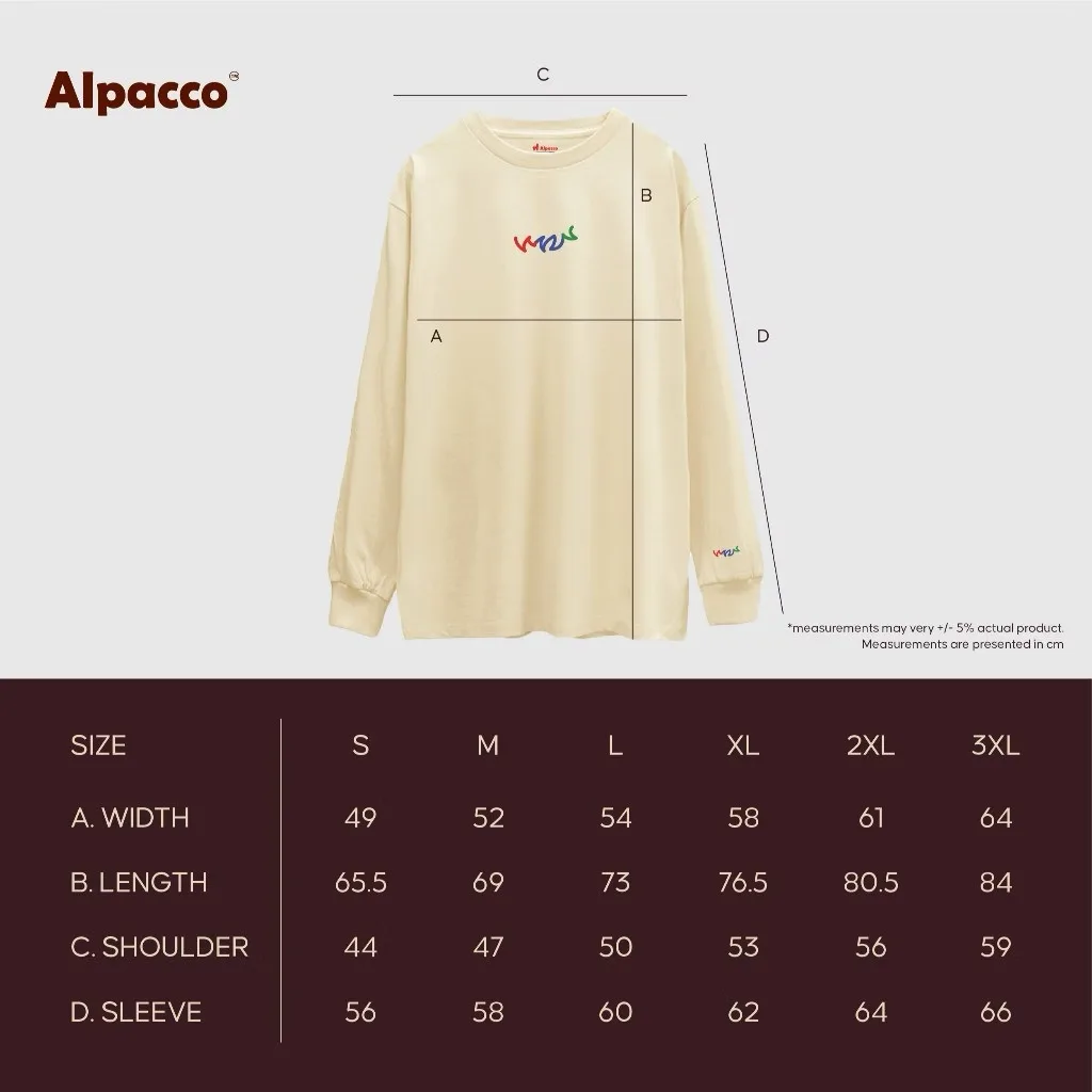 Alpacco Signature Long Sleeve size chart showing width, length, shoulder and sleeve in cm for sizes S to 3XL