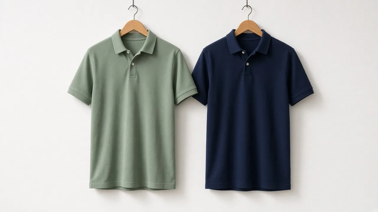 Two plain polo shirts in sage green and navy hanging on wooden hangers against a white wall