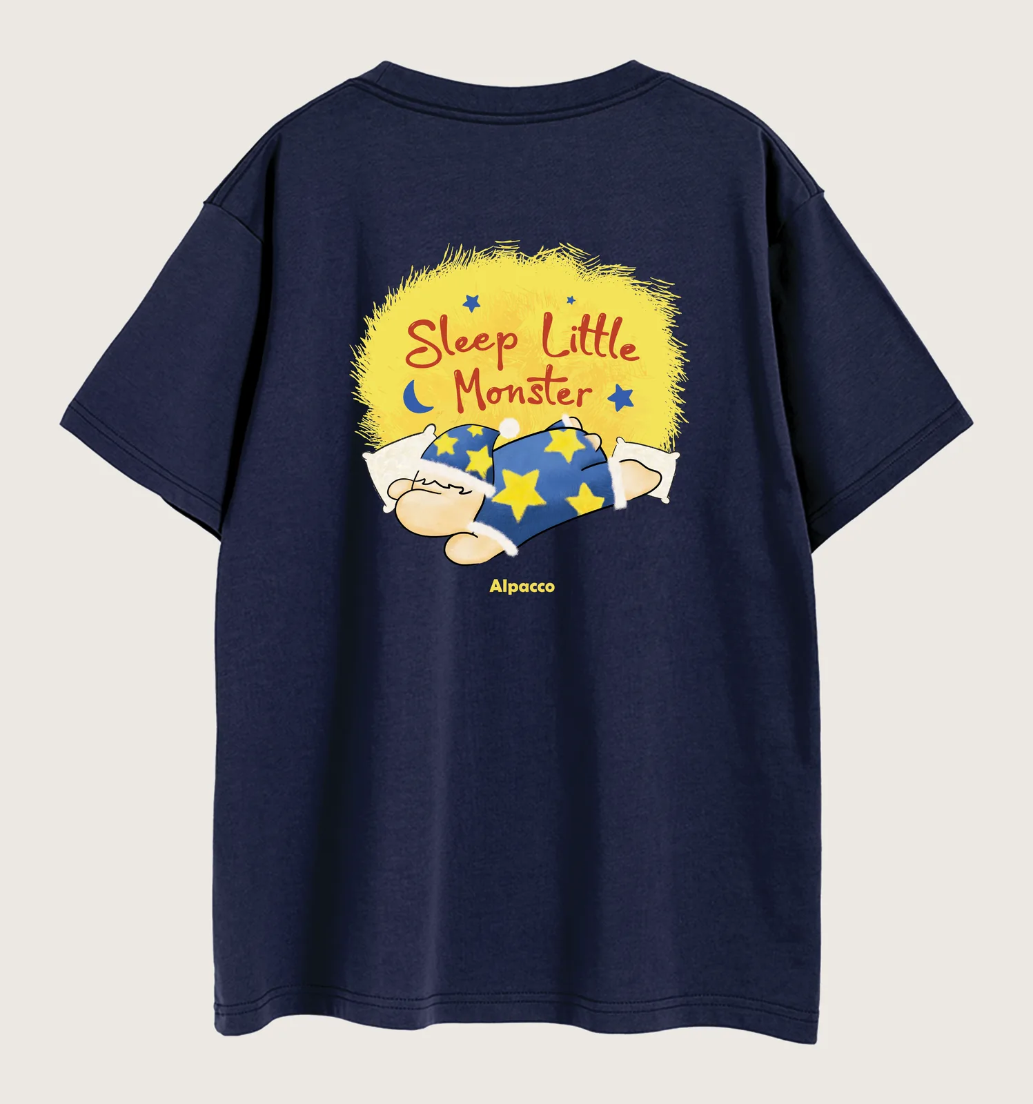 Made in malaysia clothing brand: Alpacco "Sleep Little Monster" 260gsm tee in navy, back with alpaca monster illustration