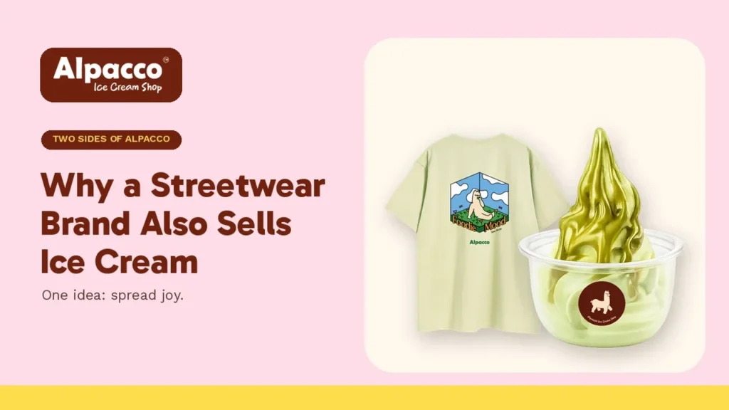 An Alpacco Foodie Mood tee in pistachio green beside an Alpacco pistachio soft serve cup, the two sides of Alpacco