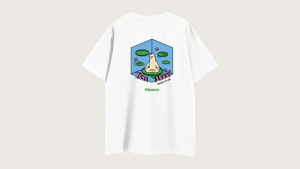 Alpacco tee: Alpacco "Zen Mood" tee in white, back with alpaca mascot illustration in an isometric room