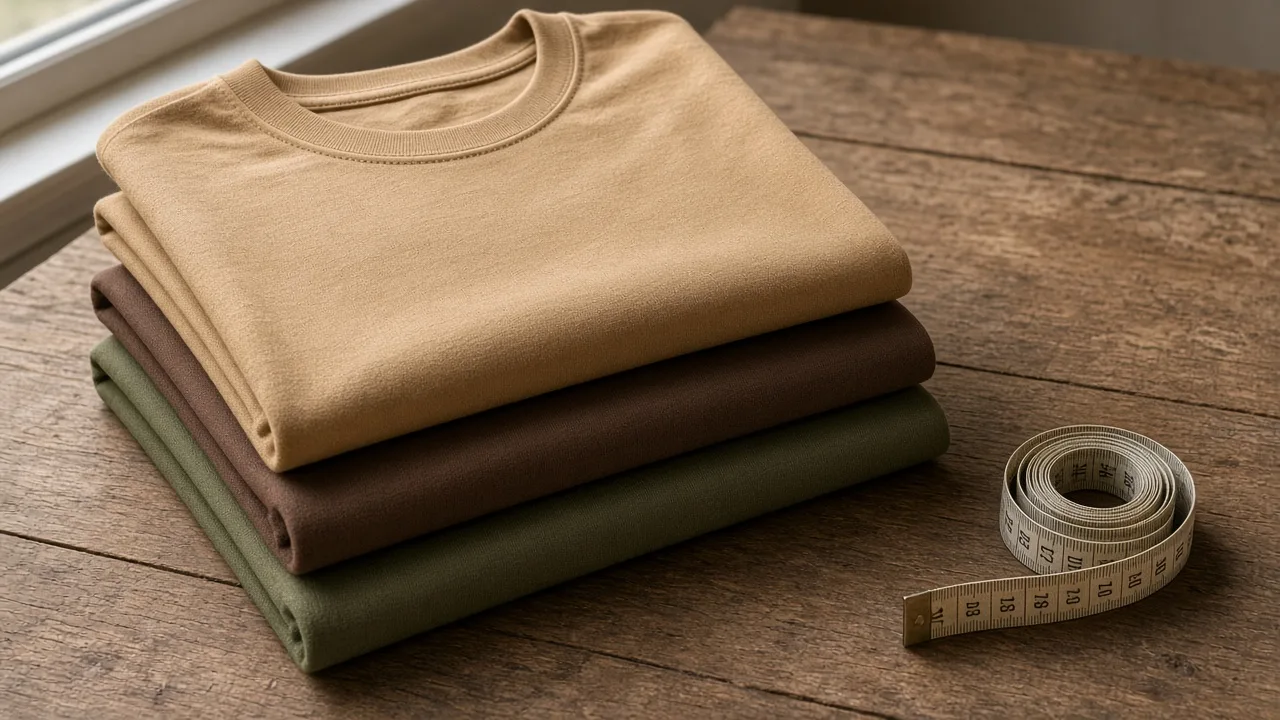 Baju oversize warna tanah dilipat kemas di atas meja kayu bersama pita ukur