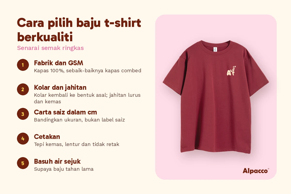 Senarai semak baju t-shirt berkualiti: fabrik, kolar dan jahitan, carta saiz, cetakan dan cara basuh, dengan baju Alpacco merah maroon